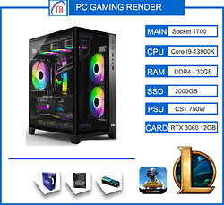 PC GAMING RENDER (CASE Mik LV107/I9-13900k/Z610/32GB RAM/2000GB SSD/3060 12GB/750W)