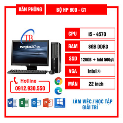 Bộ cây máy tính đồng bộ HP 600G1 /CPU i5 4570 /Ram DR3-8gb /SSD 120GB + HDD-500gb/ Màn hình 22 '' full HD