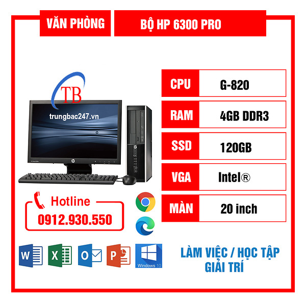 Bộ Cây máy tính để bàn HP 6300 Pro CPU G 820, Ram 4GB, HDD 120 GB, Màn hình 20 inch